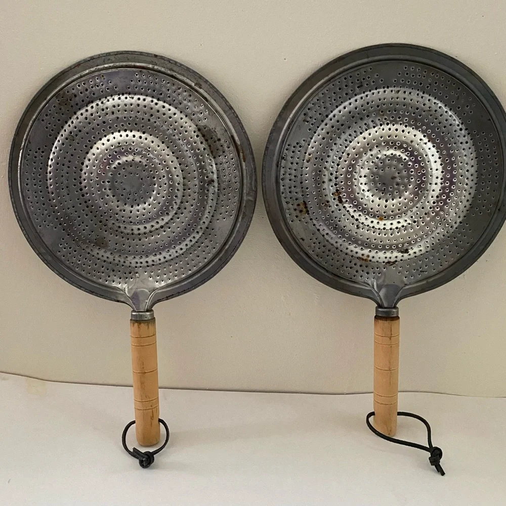 2 Vintage Metal Heat Diffuser Stove Top Flame Tamer Simmer Ring Wood Handle